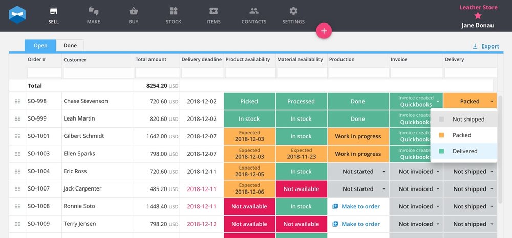Katana paints you a color-coded picture of your QuickBooks order management so that you always know how your orders are getting along. Plus, generating your QuickBooks invoices is just a matter of clicking a button, no need to go back and forth between the software.