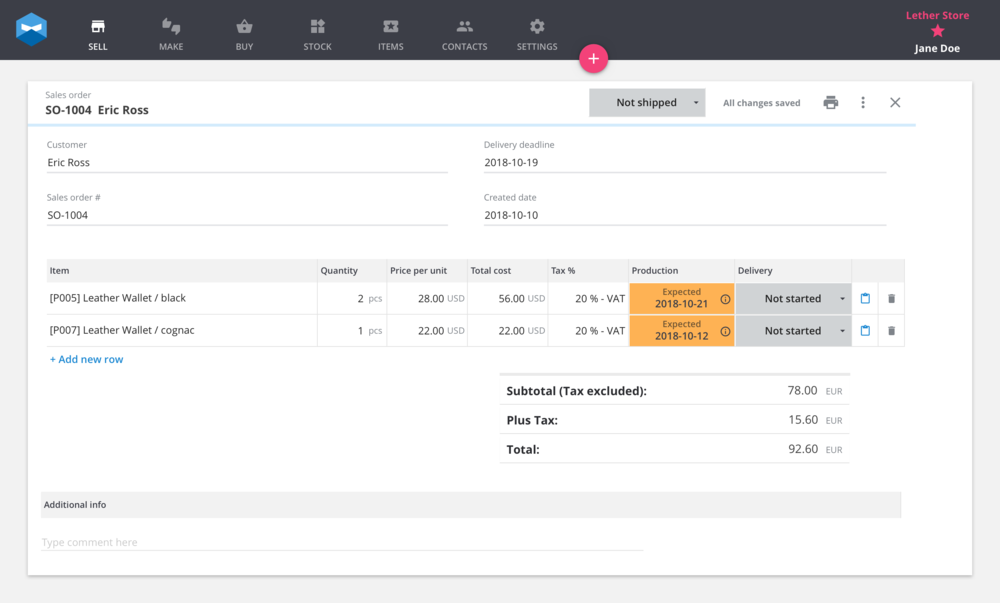 An example of a sales order on a smart workshop software for a make to order or make to sale workflow.