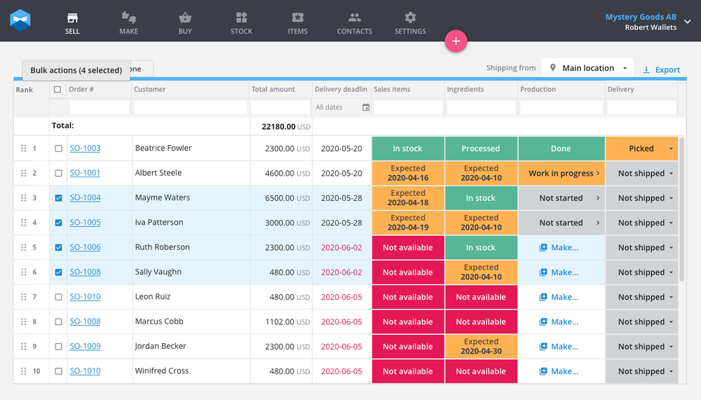 You can now edit the shipping locations for multiple sales orders in Katana.
