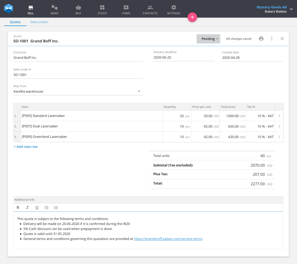 When you generate a new quote you can print off the: sales order with status, sales order, packing list, and price off.