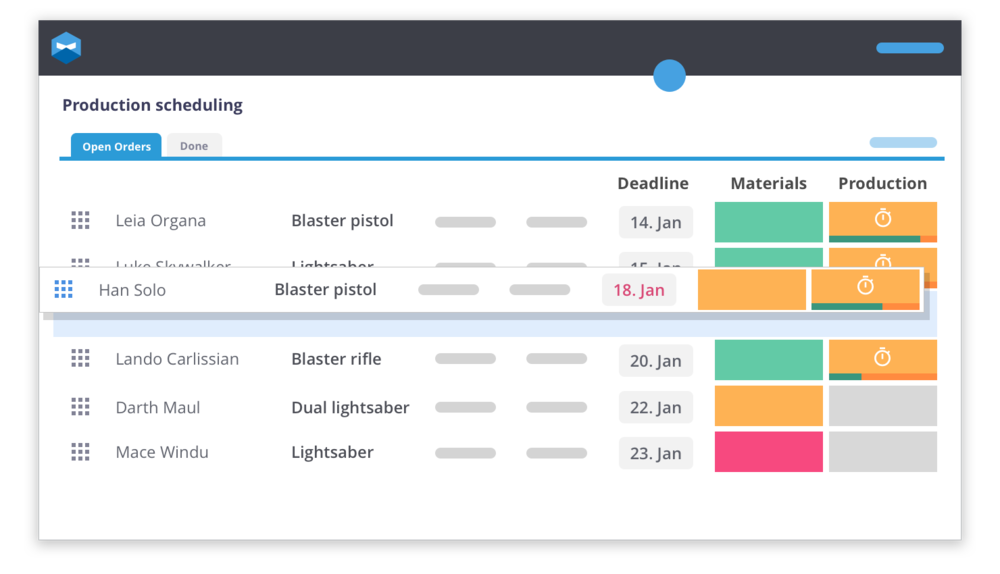Drag and drop your manufacturing orders in Katana, to overcome your Shopify inventory issues of raw material availability.