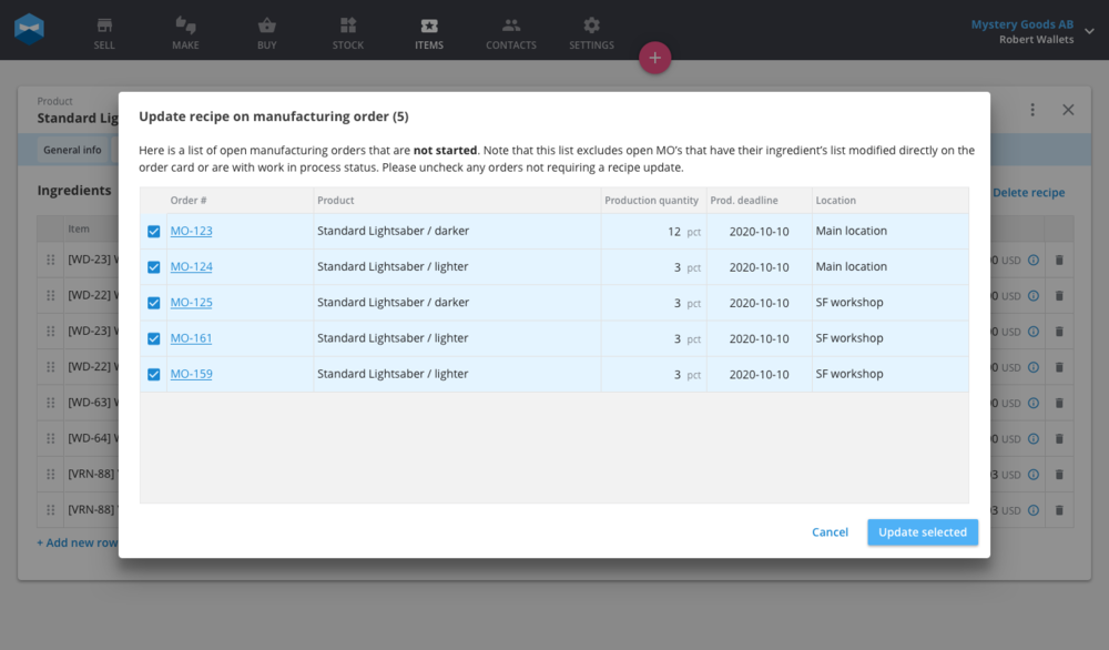 Updating product recipes in Katana.