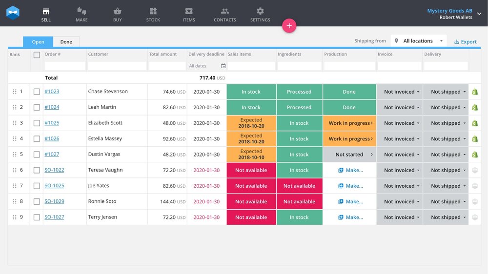 Shopify sales are automatically pushed to Katana, and you can distinguish the difference between your Shopify sales and sales from other channels by the icons on the far-right.