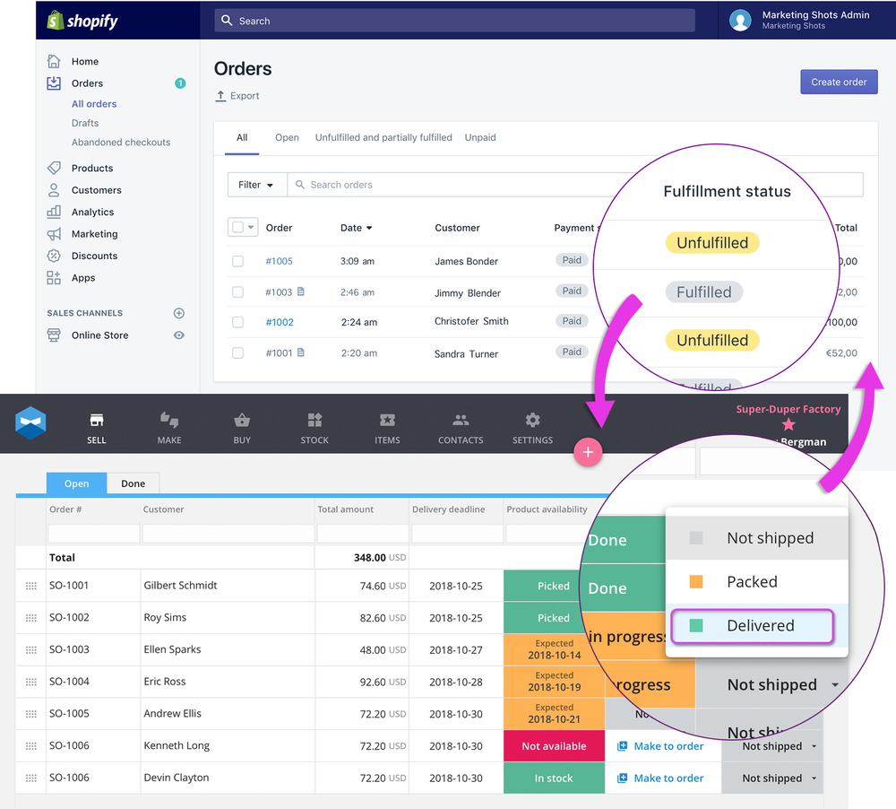 Katana opens a channel of communication between Shopify and Katana. Once you have imported your data and enabled stock synchronization, any changes to order fulfillment or inventory levels will be reflected on Shopify and Katana. Perfect for small manufacturers who have one or multiple Stores with Shopify.