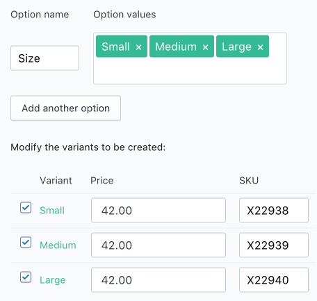 Shopify product variant and how it looks to edit the fields