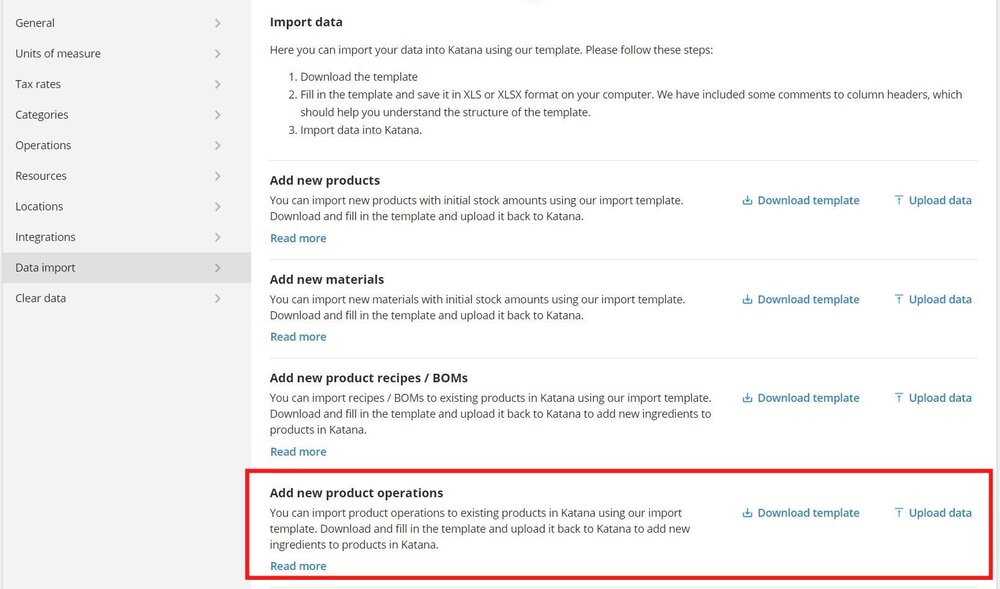Import operation changes under Data import within Katana.