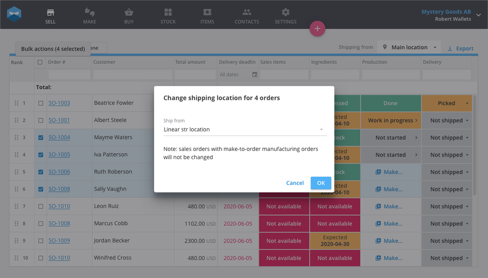 Change the shipping locations for your orders with the dropdown menu.